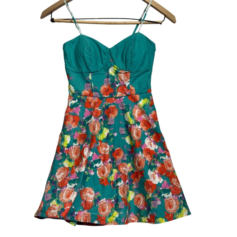 Charlotte Russe Floral Fit Flare Sun Dress Teal Orange Sweetheart XS Womens